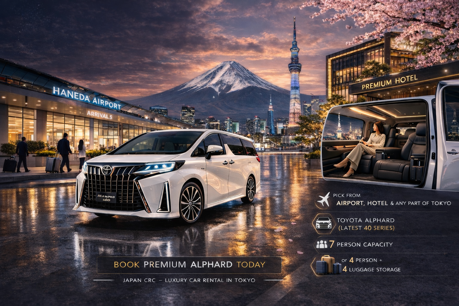 東京・羽田・成田空港配車対応の新型アルファード40系プレミアムレンタカー高級ミニバン外観