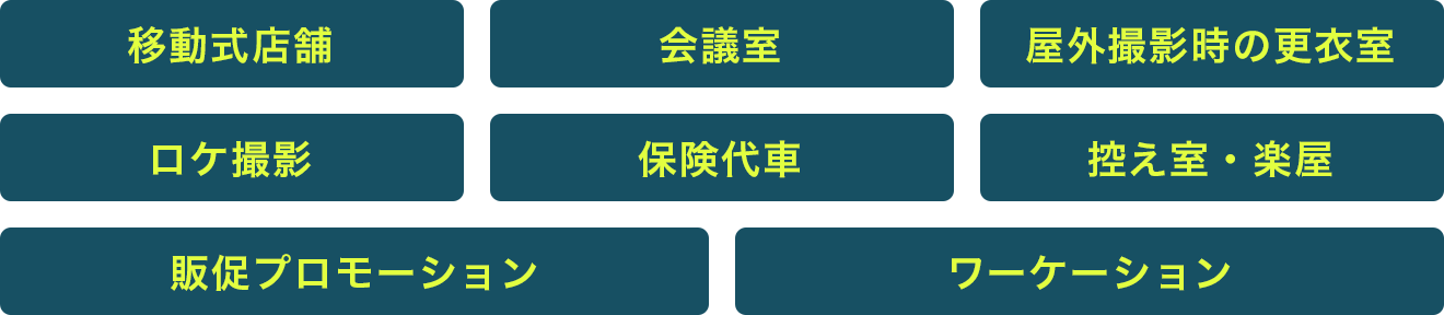 移動式店舗・会議室・屋外撮影時の更衣室・ロケ撮影・保険代車・控室・楽屋・販促プロモーション・ワーケーション